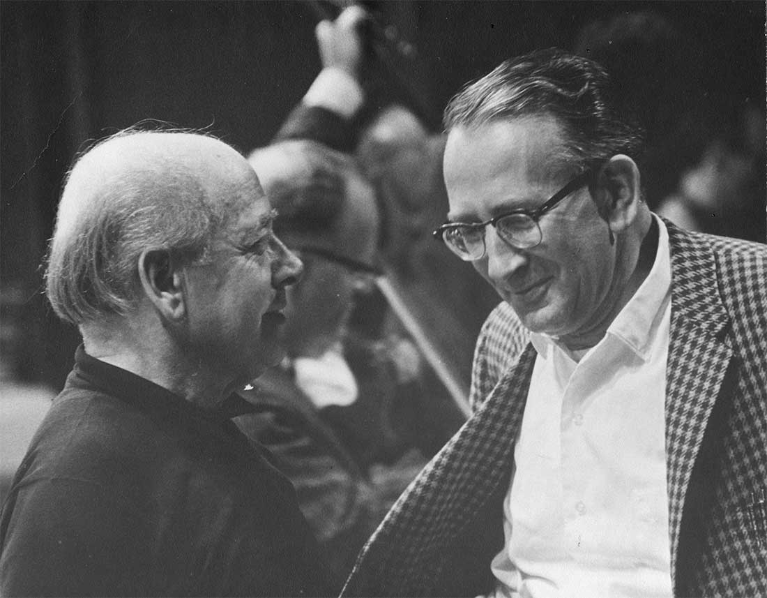Eugene Ormandy, the Music Director of the Philadelphia Orchestra at the left speaking with Werner during a rehearsal Eugene Ormandy, the Music Director of the Philadelphia Orchestra at the left speaking with Werner during a rehearsal