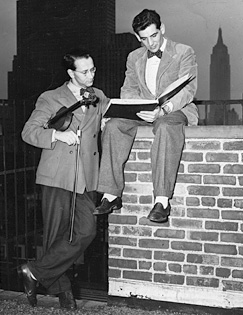 Leonard Bernstein and Werner Lywen on the roof of the New York City Center